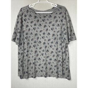 Woman Within Plus Size Top Blouse Shirt 3X Gray Floral Short Sleeves Split Hem